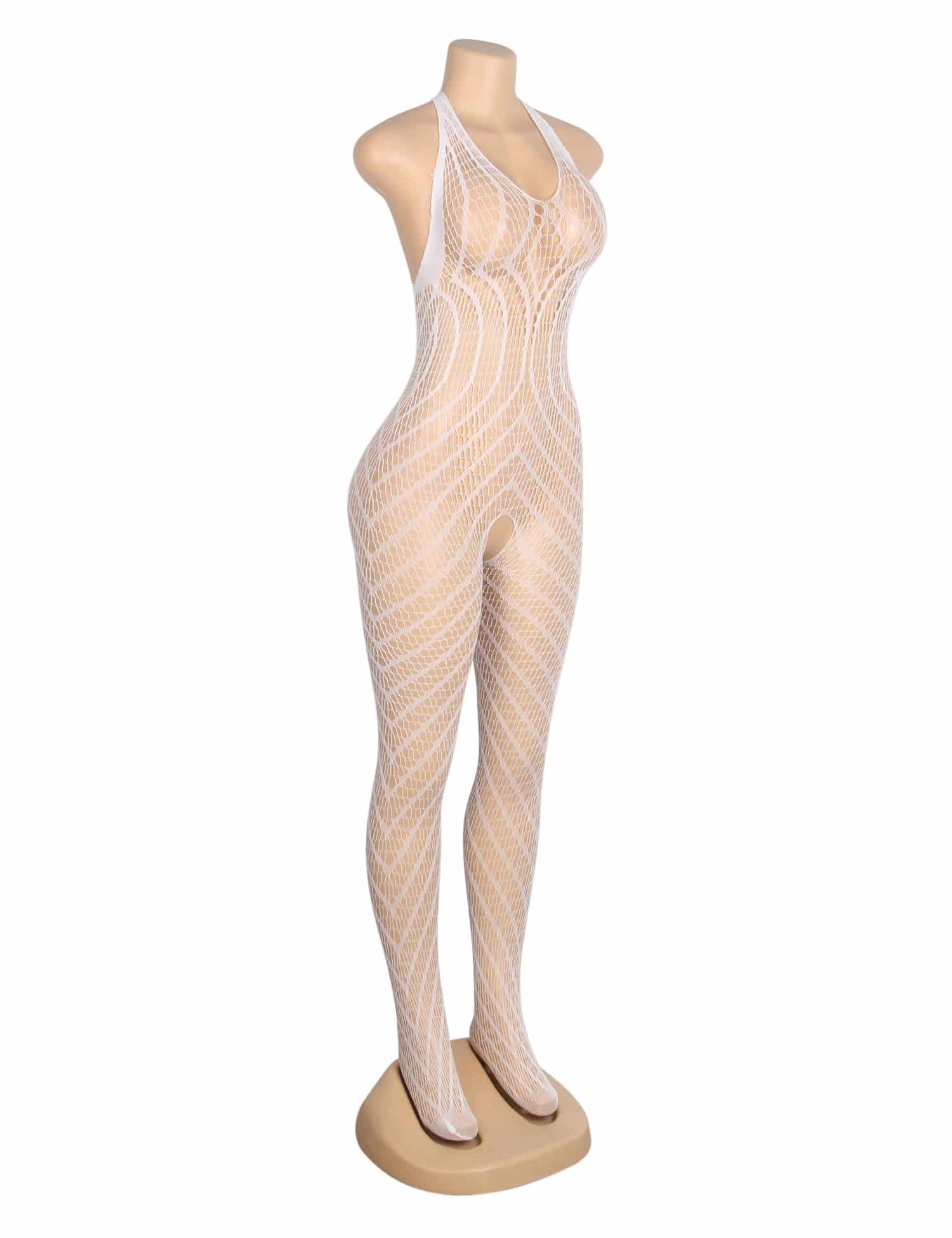 White Sexy Luminous Halter Neck Open Crotch Bodystocking - Image 6