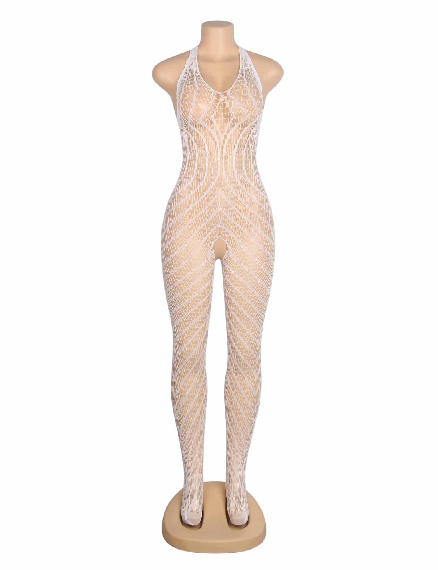 White Sexy Luminous Halter Neck Open Crotch Bodystocking - Image 5