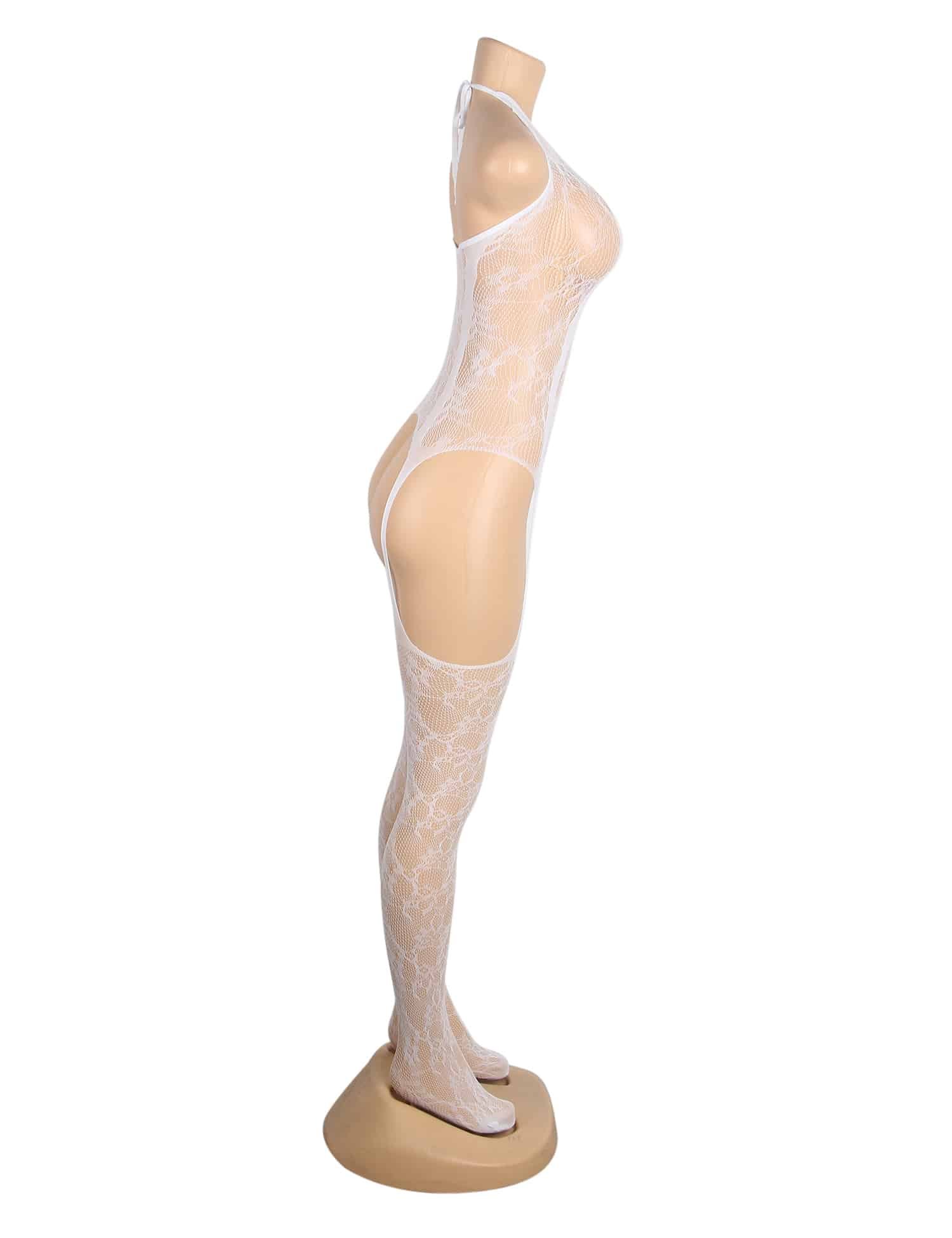 White Sexy Jacquard Halter Neck Bodystocking - Image 6