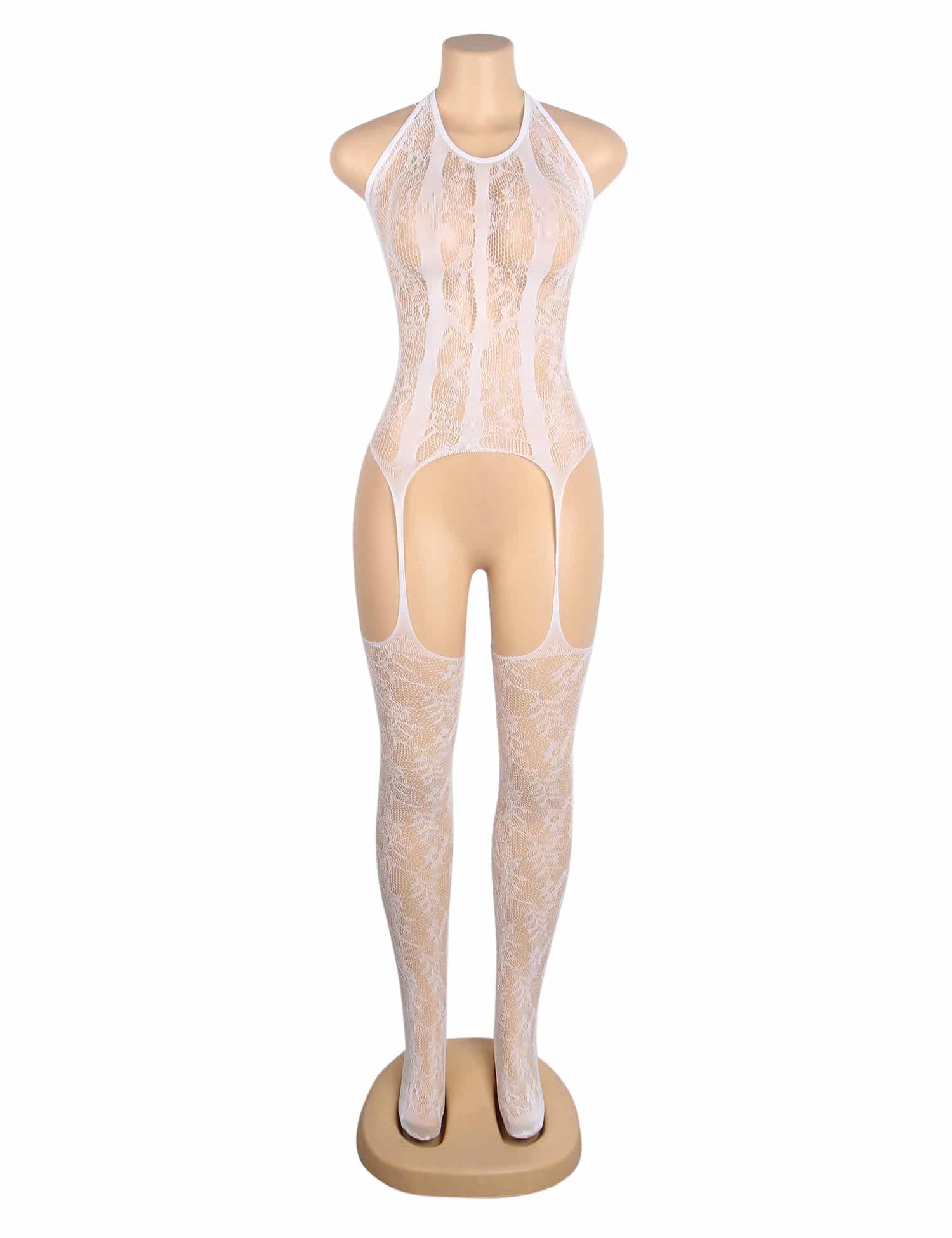 White Sexy Jacquard Halter Neck Bodystocking - Image 4