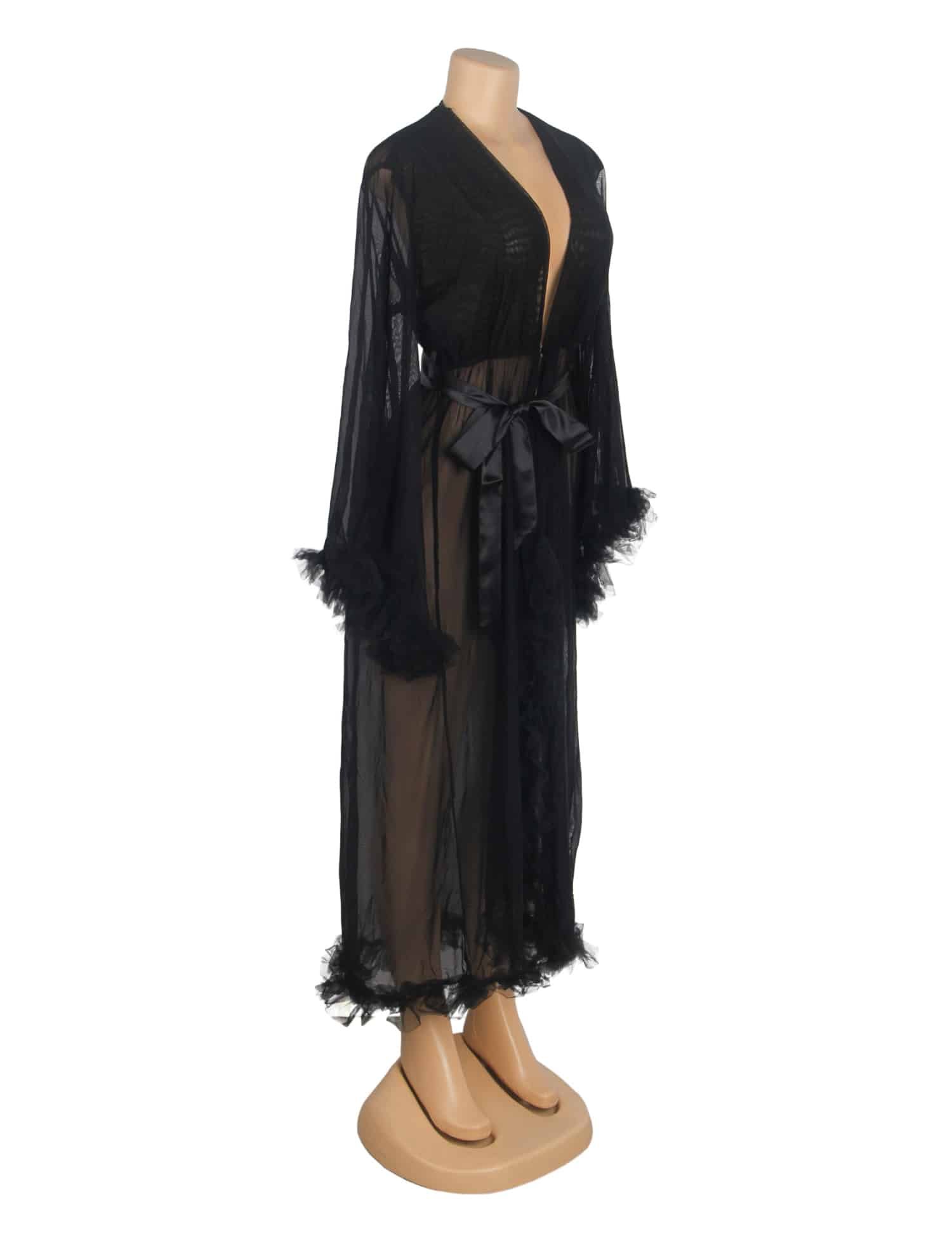 Black Sexy Mesh Ruffled Long Robe With Belt - Image 6