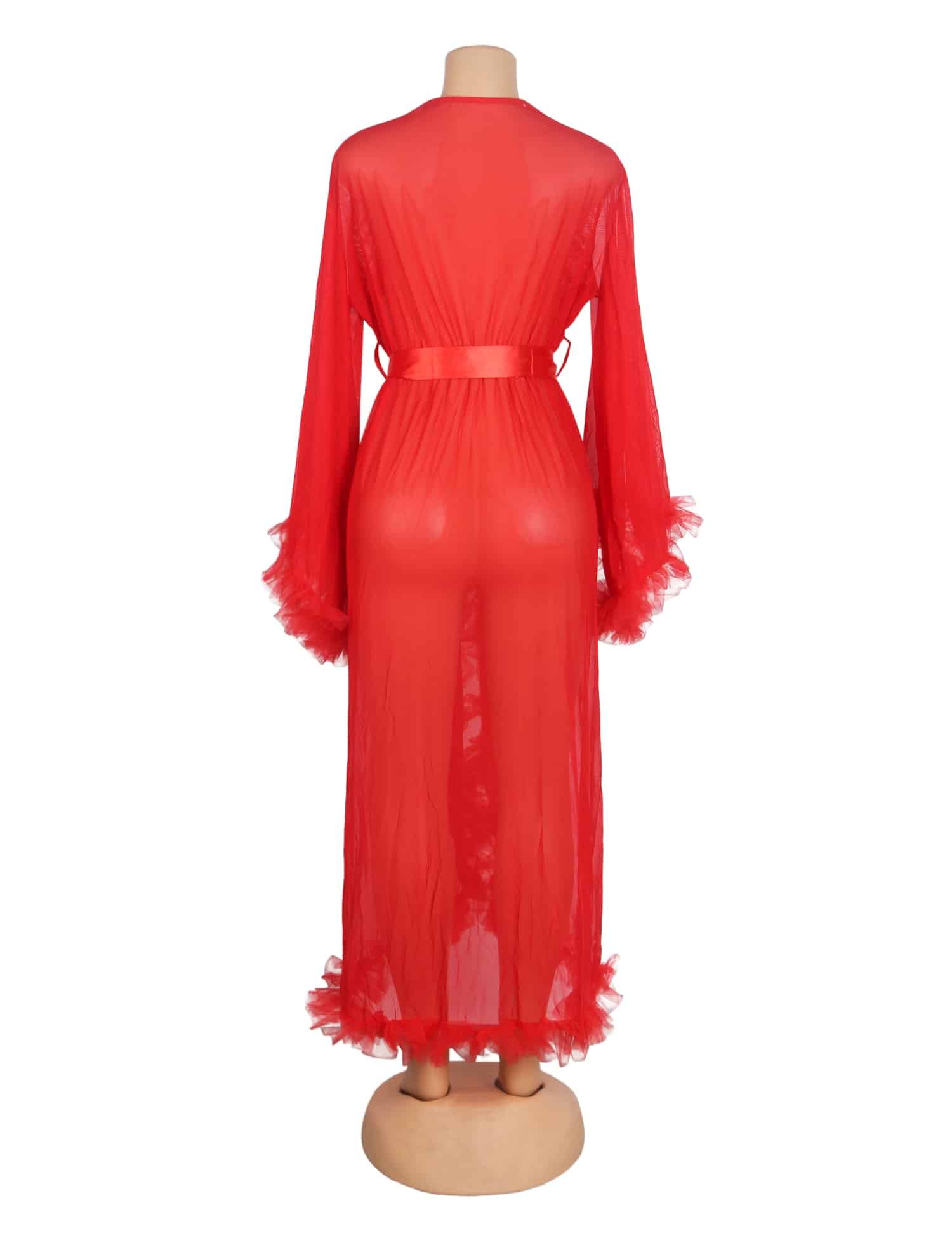 Red Sexy Mesh Ruffled Long Robe With Belt - Image 7
