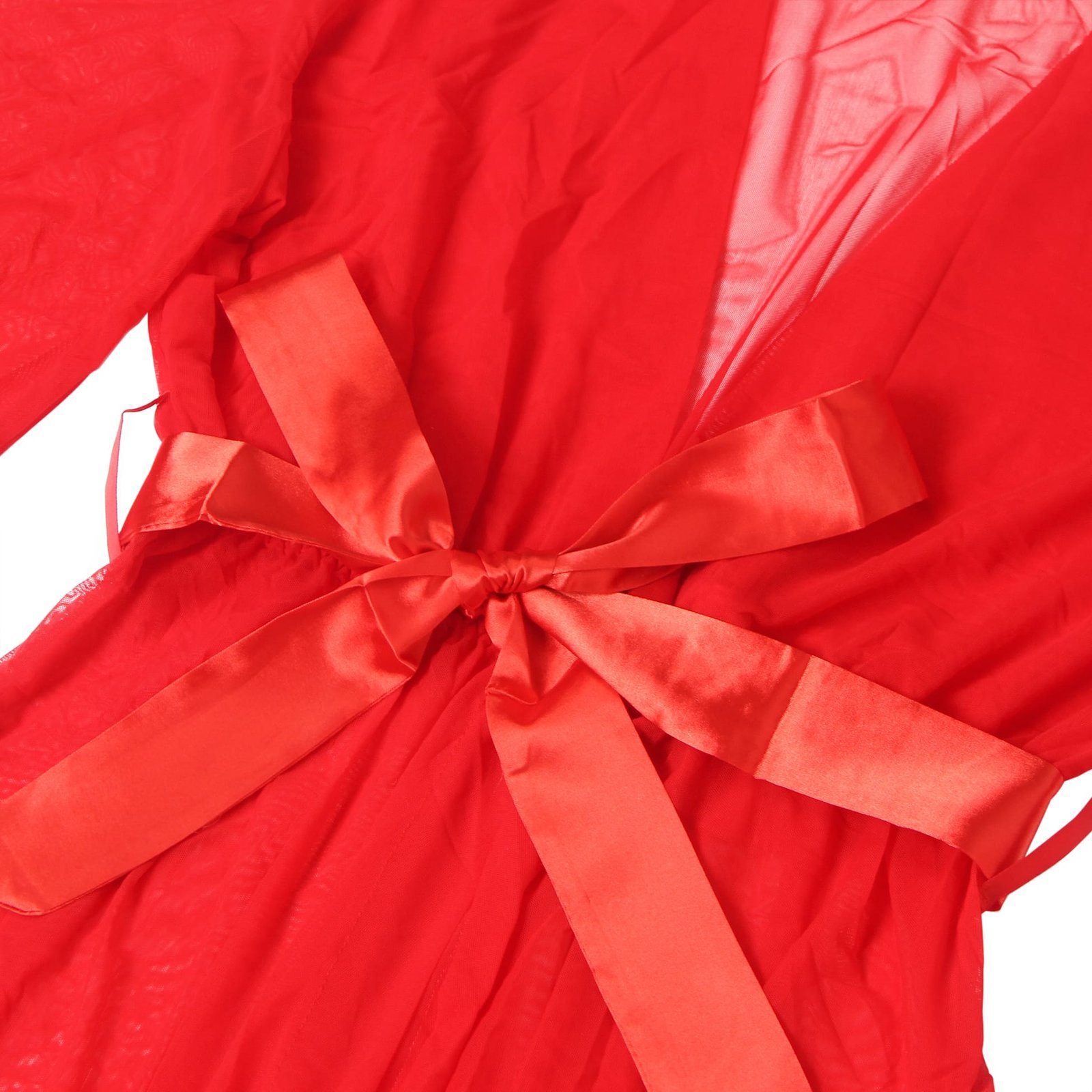 Red Sexy Mesh Ruffled Long Robe With Belt - Image 10
