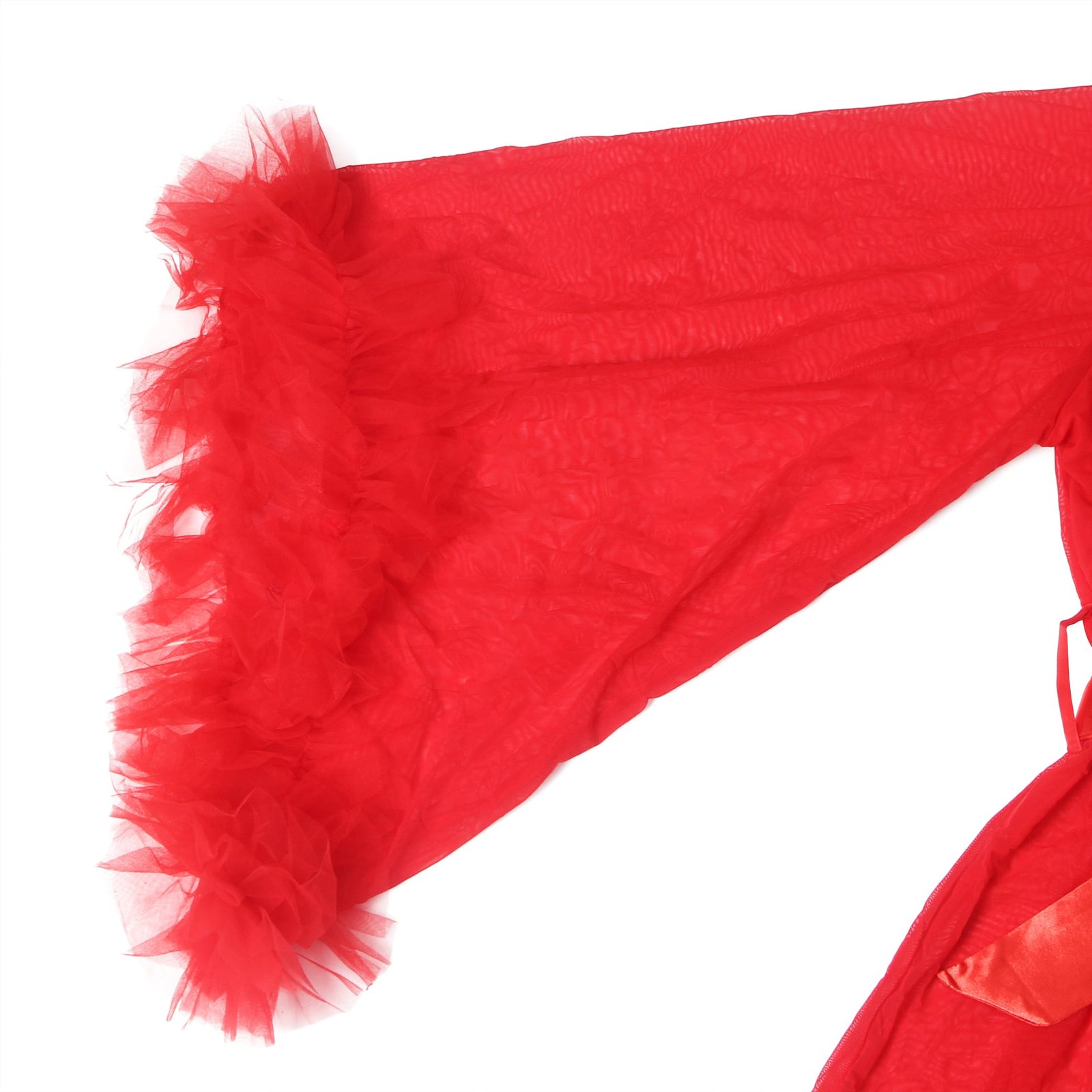 Red Sexy Mesh Ruffled Long Robe With Belt - Image 13