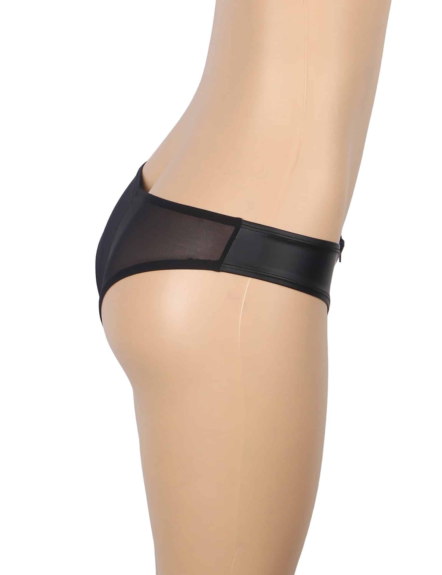Black Sexy PU Leather Mesh Zipper Women Underwear - Image 5