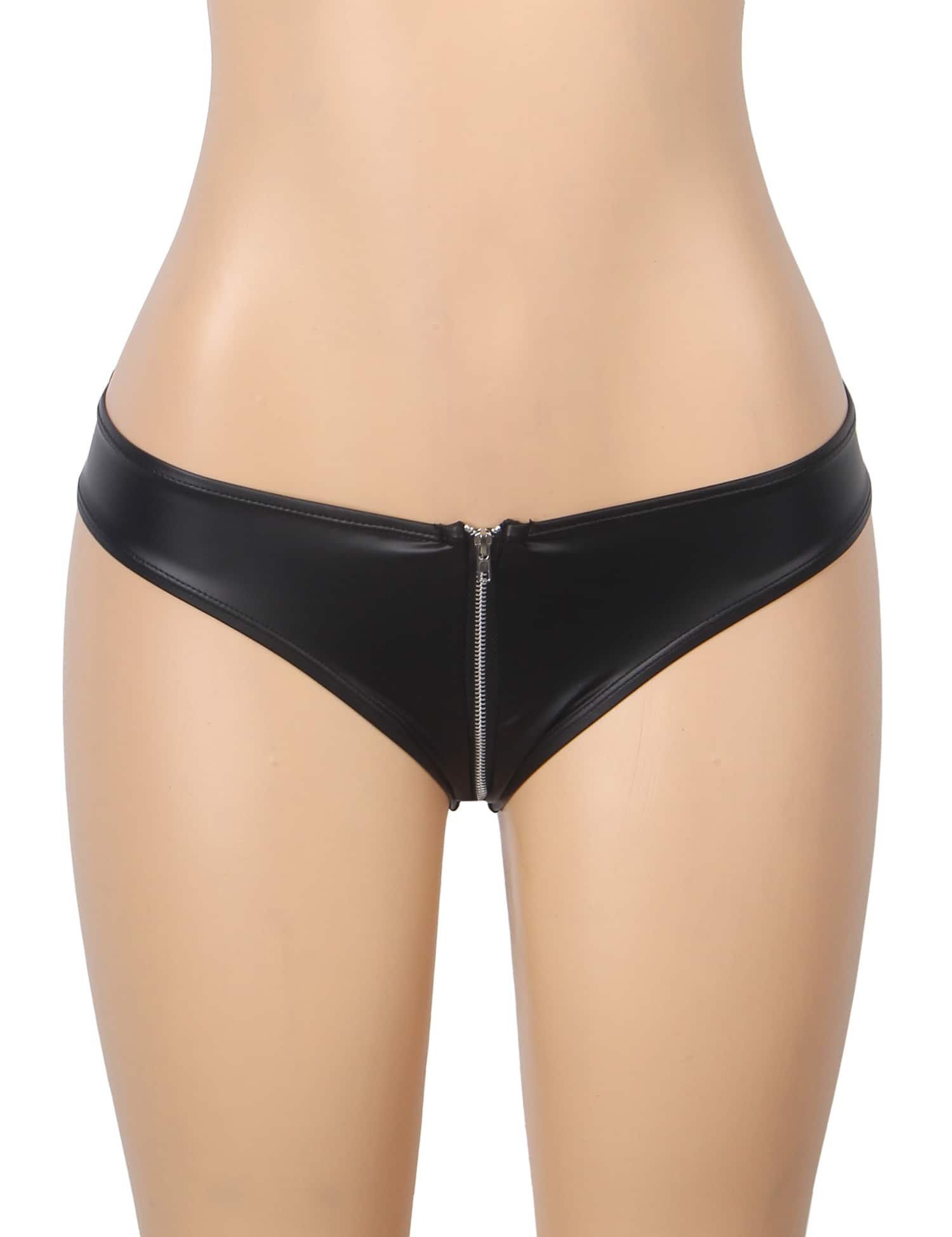 Black Sexy PU Leather Mesh Zipper Women Underwear - Image 3