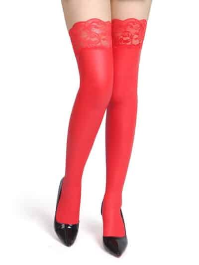 Red Sexy Matt PU Leather Striped Elastic Stockings