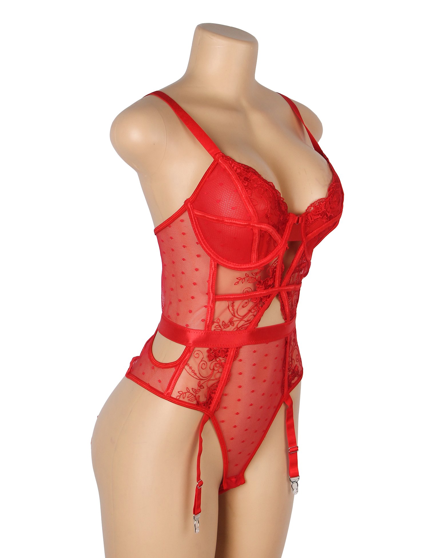 Red Sexy Embroidery Lace Hollow Suspender Bodysuit - Image 7