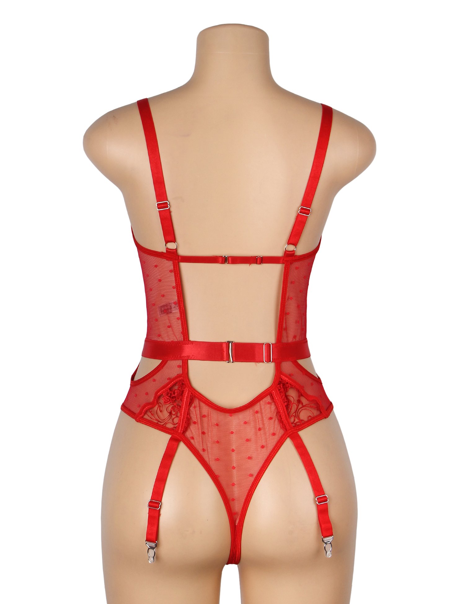 Red Sexy Embroidery Lace Hollow Suspender Bodysuit - Image 9