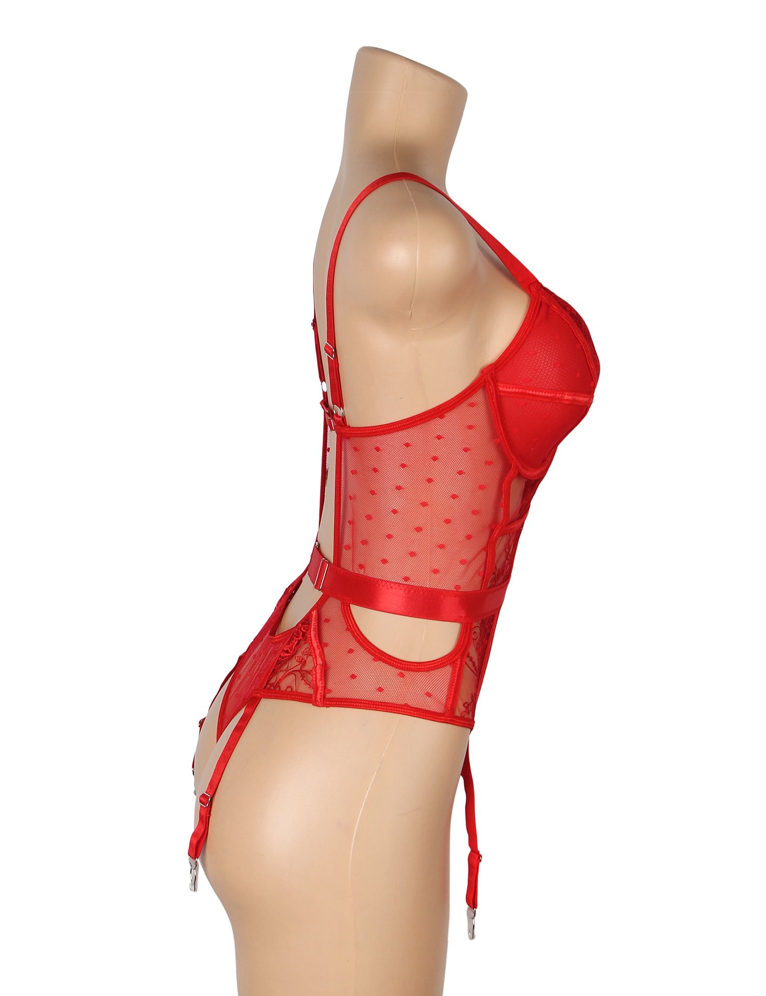 Red Sexy Embroidery Lace Hollow Suspender Bodysuit - Image 8