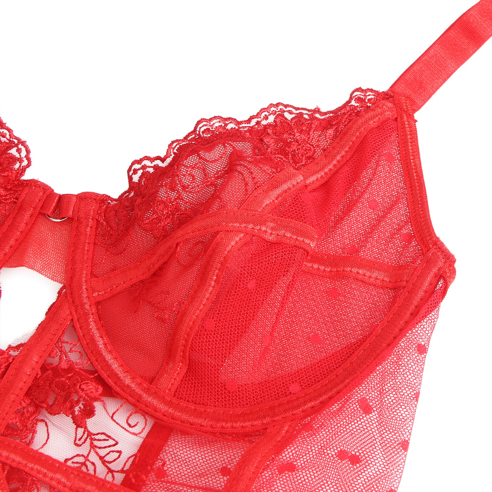 Red Sexy Embroidery Lace Hollow Suspender Bodysuit - Image 14