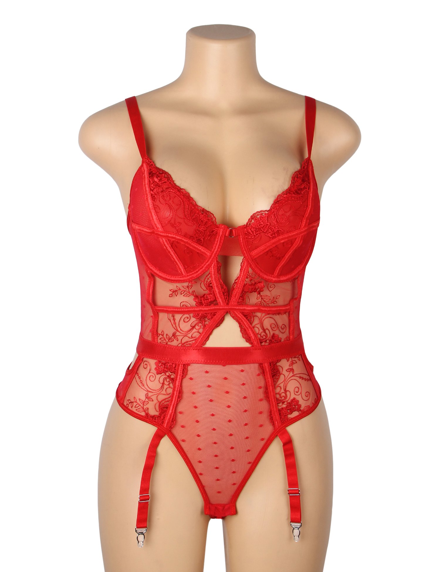 Red Sexy Embroidery Lace Hollow Suspender Bodysuit - Image 6