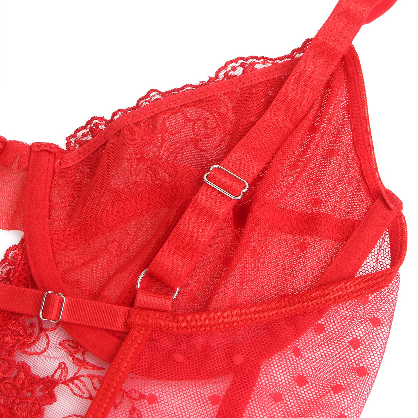 Red Sexy Embroidery Lace Hollow Suspender Bodysuit - Image 16
