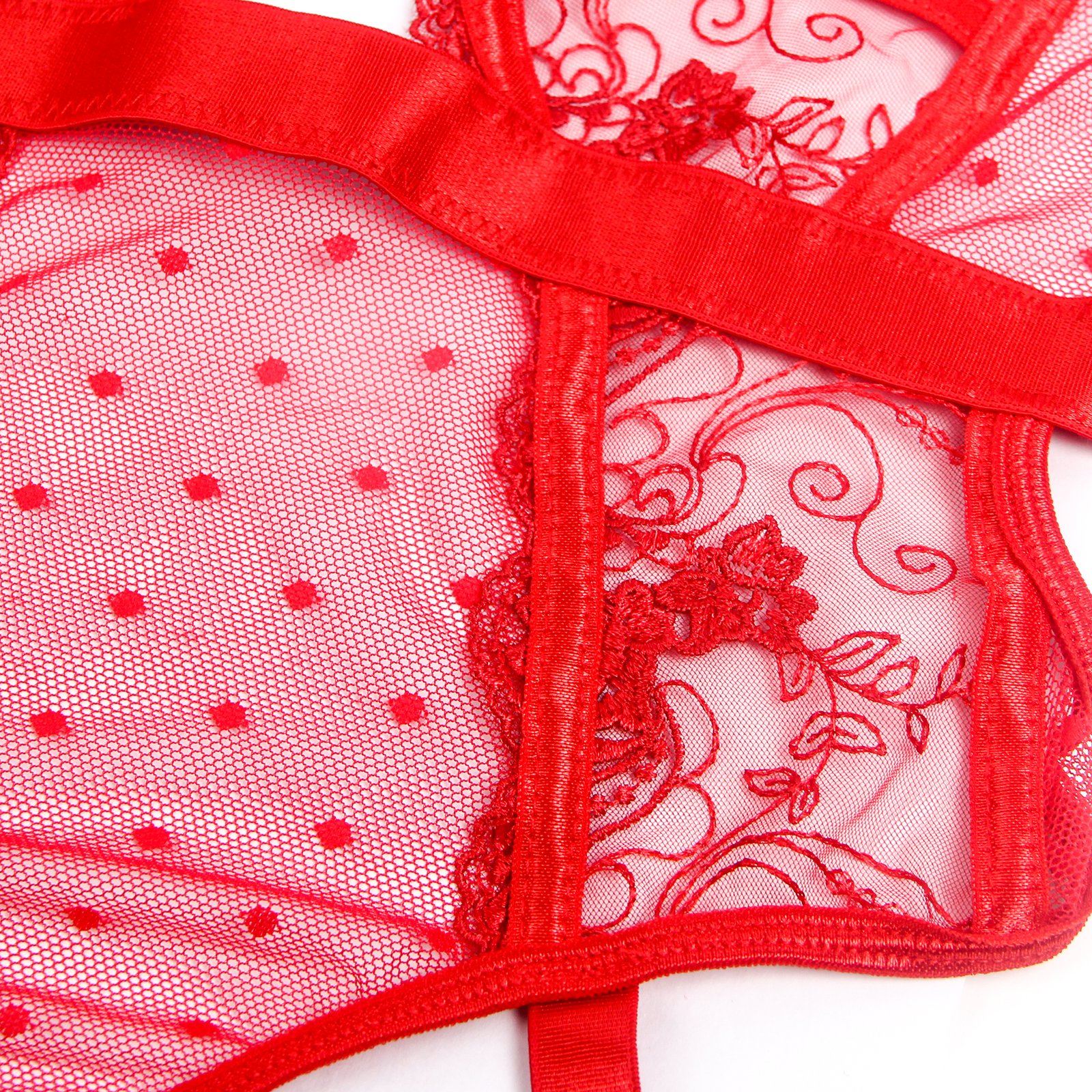 Red Sexy Embroidery Lace Hollow Suspender Bodysuit - Image 12