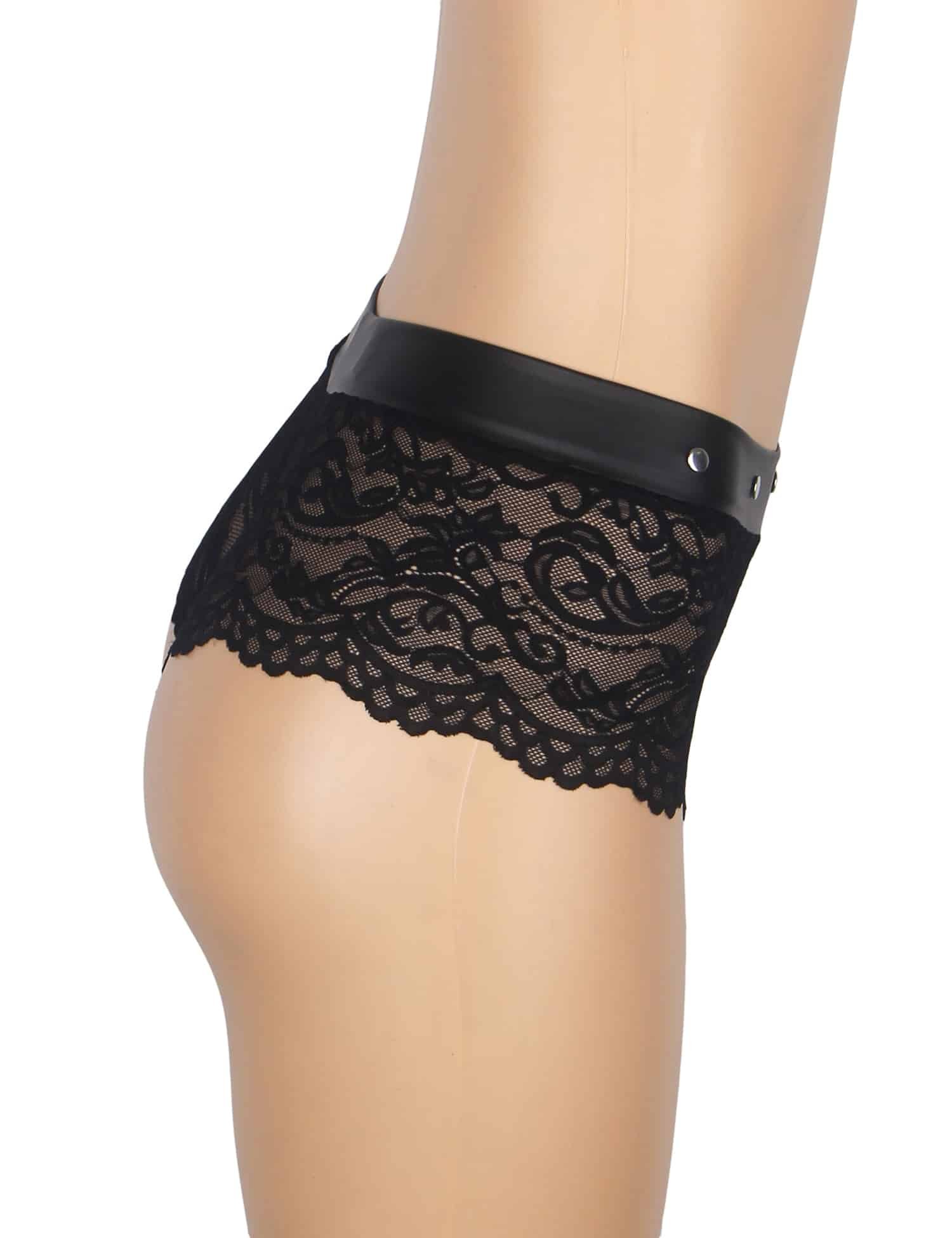 Black Sexy Lace Rivet PU Leather Waistband Women Underwear - Image 8