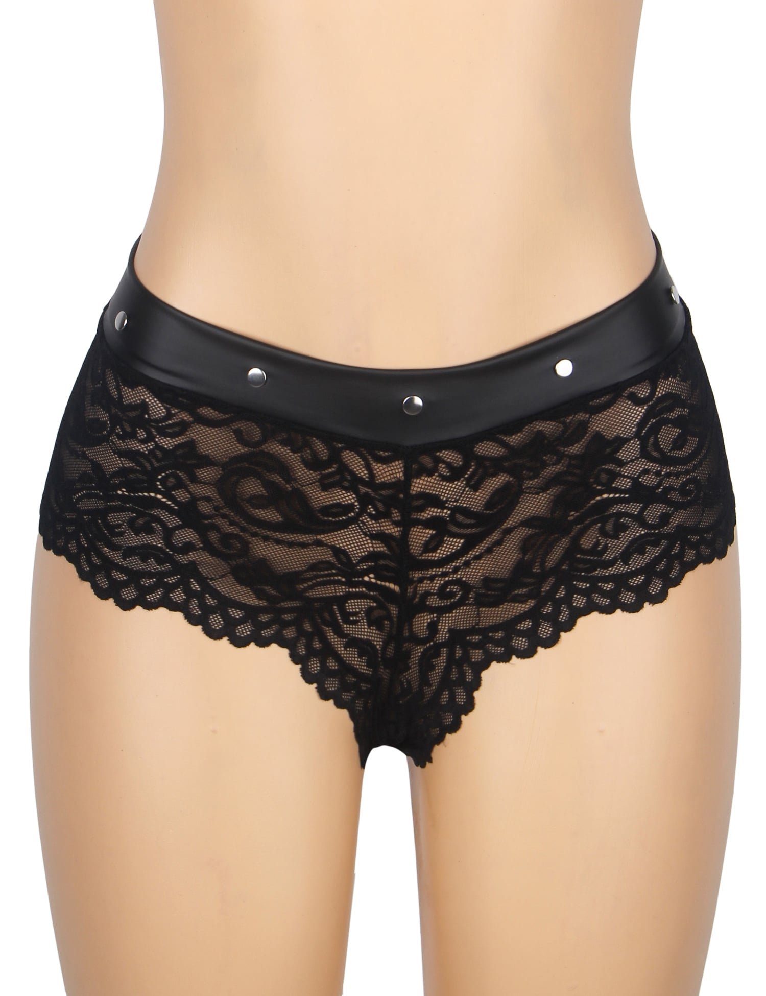 Black Sexy Lace Rivet PU Leather Waistband Women Underwear - Image 6
